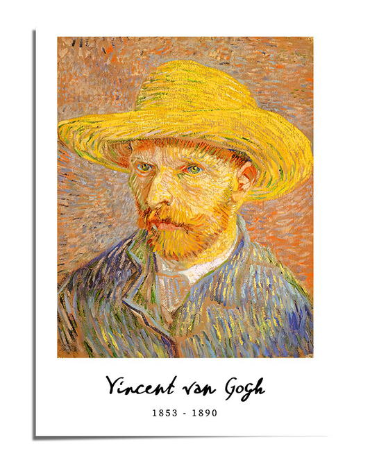 A colorful self-portrait of Vincent van Gogh, wearing a yellow straw hat and a blue jacket over a white shirt. His red beard and intense gaze stand out against a warm-toned, textured background. The painting is composed of expressive, visible brushstrokes in shades of orange, yellow, blue, and green. Below the artwork, the name "Vincent van Gogh" along with his birth and death years (1853-1890) are inscribed in elegant black script.
