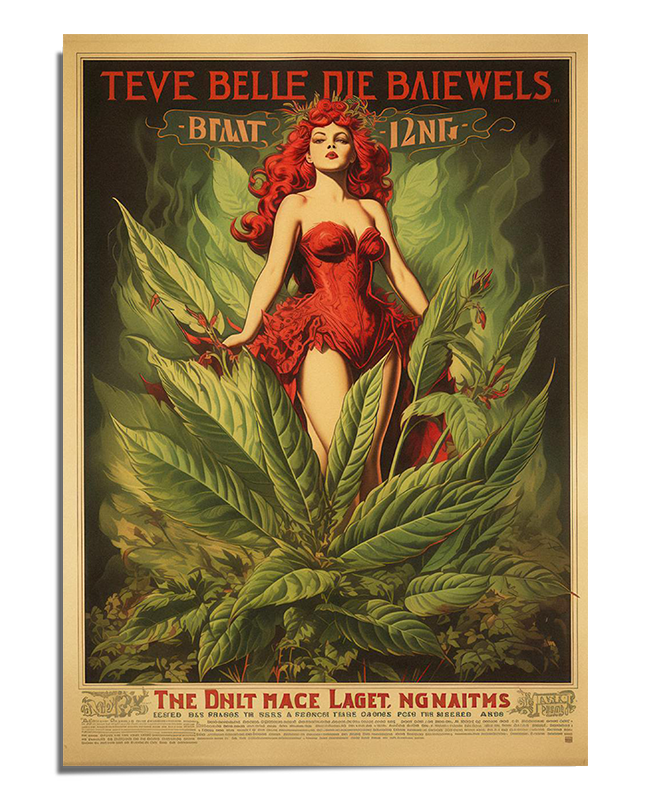A red-haired woman wearing a flowing red dress stands among large cannabis leaves. She has a confident and alluring expression. The background is dark green with soft lighting, creating a moody atmosphere. The poster features vintage-style typography at the top, resembling an old advertisement or film poster.