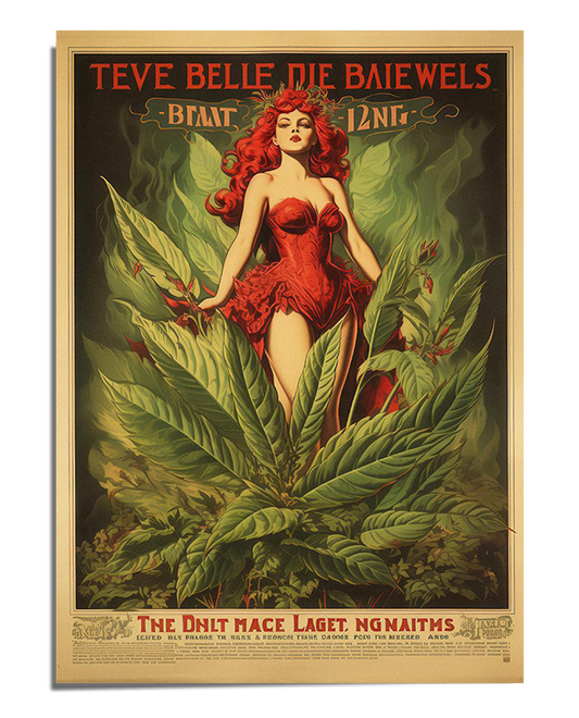 A red-haired woman wearing a flowing red dress stands among large cannabis leaves. She has a confident and alluring expression. The background is dark green with soft lighting, creating a moody atmosphere. The poster features vintage-style typography at the top, resembling an old advertisement or film poster.