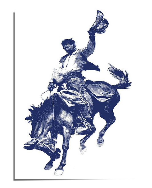 A monochrome blue illustration of a cowboy riding a bucking horse, with one hand gripping the reins and the other raised in the air, holding his hat. The rider wears traditional Western attire, including a loose shirt, chaps, and boots. The horse is mid-motion, its legs kicking and head lowered, emphasizing the intensity of the rodeo moment. The background is plain white, making the bold blue ink stand out.