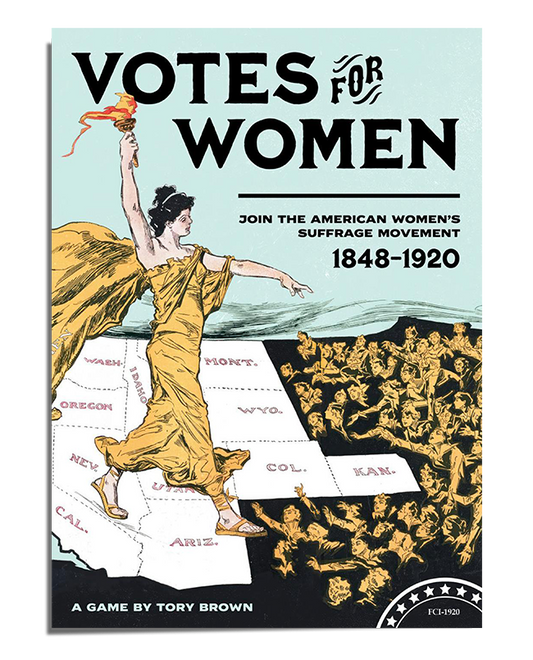 A vintage-style political poster featuring a woman in a flowing gold dress holding a torch high. She stands over a map of the United States, symbolizing the spread of the suffrage movement. The bold black typography at the top reads Votes for Women, with additional text stating Join the American Women’s Suffrage Movement 1848-1920. The poster uses strong contrast between black, gold, and pale blue tones to create a powerful visual impact.