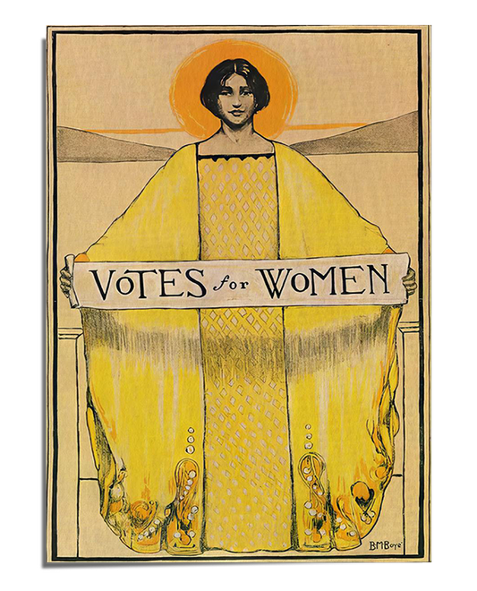 A vintage-style illustration featuring a woman dressed in a long, flowing yellow robe, standing with outstretched arms holding a banner that reads "Votes for Women." A soft golden glow surrounds her head, giving the image an empowering and iconic presence.