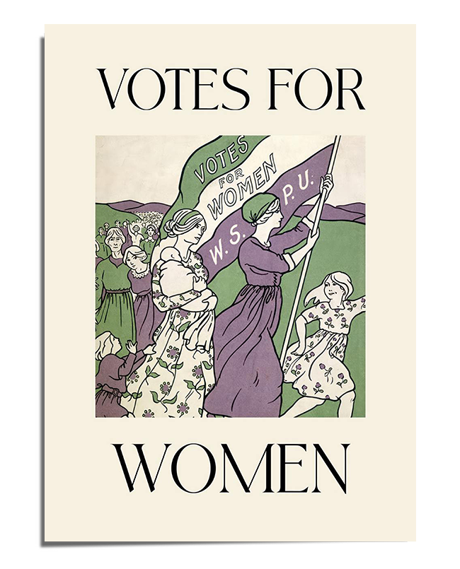 A vintage-style illustration of a group of women marching, holding a large purple and green banner that reads "WSPU." The women wear flowing dresses in shades of purple, white, and green—the colors of the suffragette movement. The background features rolling green hills, emphasizing the determined march forward. The text "Votes for Women" is prominently displayed above and below the artwork.