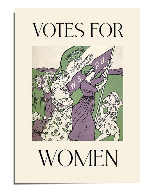 A vintage-style illustration of a group of women marching, holding a large purple and green banner that reads "WSPU." The women wear flowing dresses in shades of purple, white, and green—the colors of the suffragette movement. The background features rolling green hills, emphasizing the determined march forward. The text "Votes for Women" is prominently displayed above and below the artwork.