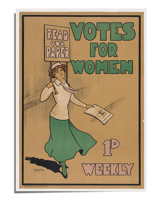 A vintage illustration of a young woman in a green skirt and white blouse, confidently striding forward while holding a newspaper in one hand and a sign that reads "Read Our Paper" in the other. The bold green and black typography states "Votes for Women" and "1p Weekly," promoting the suffragette newspaper. The background is a muted beige, emphasizing the retro political poster style.