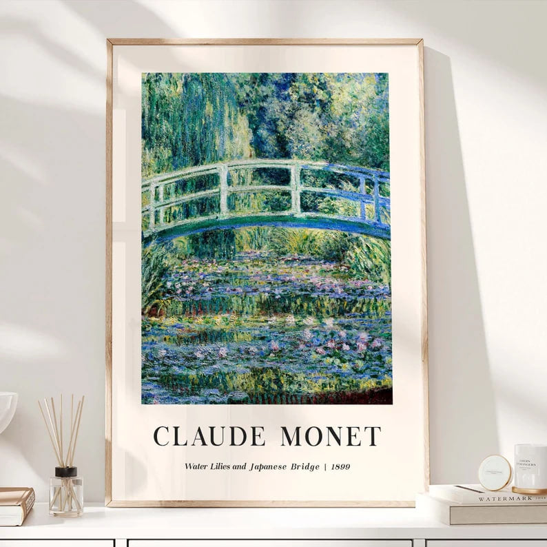 A tranquil Impressionist painting by Claude Monet showing a Japanese bridge over a pond filled with water lilies in bloom. The lush greenery and soft reflection of the sky in the water create a peaceful and serene atmosphere. Monet’s use of light and color enhances the natural beauty of the scene, evoking a sense of calm and stillness.