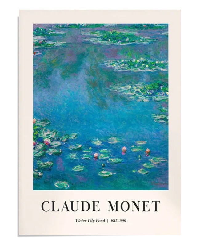 A peaceful Impressionist painting by Claude Monet featuring a water lily pond. Soft colors of blue, green, and pink reflect the lilies and surrounding greenery in the calm water, evoking a tranquil and serene atmosphere. Monet’s signature brushwork brings the natural beauty of the scene to life, offering a moment of quiet reflection.