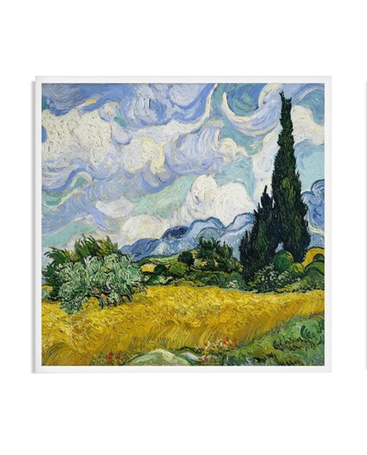 A Post-Impressionist painting showing a vast wheat field bordered by tall cypress trees. The field is painted in golden hues, while the sky swirls with vibrant blues and whites. The cypress trees contrast sharply with the bright wheat, adding a dramatic effect to the scene.
