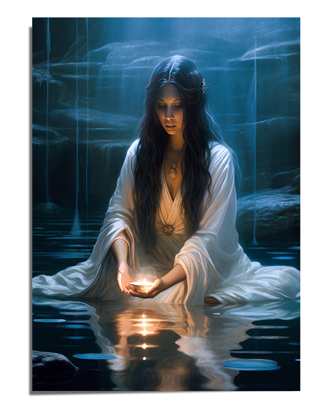 A mystical art print depicting three Wiccan goddesses performing a ritual by moonlit water, surrounded by natural beauty and soft light. Ideal for lovers of spiritual and witchcraft art, this piece creates an enchanting atmosphere in any space.