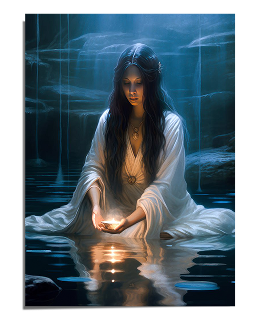 A mystical art print depicting three Wiccan goddesses performing a ritual by moonlit water, surrounded by natural beauty and soft light. Ideal for lovers of spiritual and witchcraft art, this piece creates an enchanting atmosphere in any space.