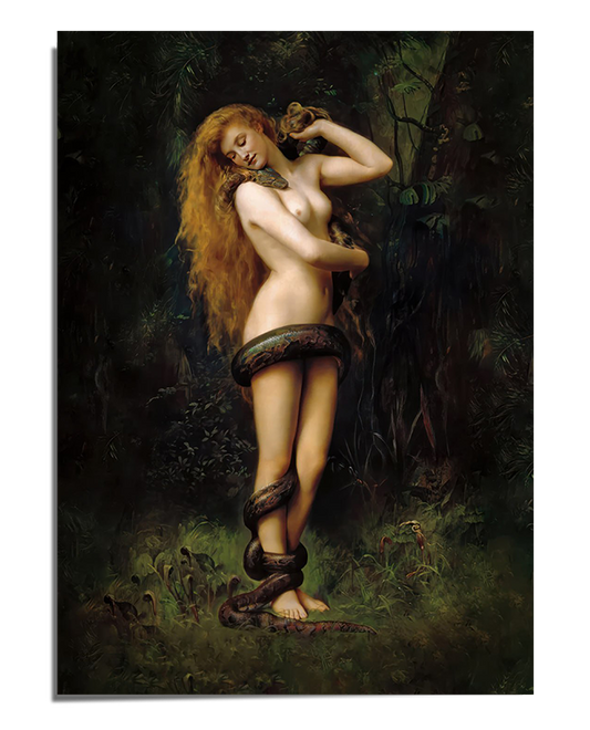 A detailed art print of a mystical woman standing in a dark forest, wrapped by a serpent. Her long golden hair flows as she gazes downward, evoking a sense of mystery and transformation. The artwork is rich in symbolism, making it a striking wall decor choice.