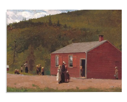 An art print of Winslow Homer’s The Red School House, depicting a small red wooden schoolhouse in a rural setting with rolling green hills in the background. Children are seen playing and interacting outside, dressed in 19th-century attire. The scene is bathed in warm sunlight, evoking nostalgia and historical charm.