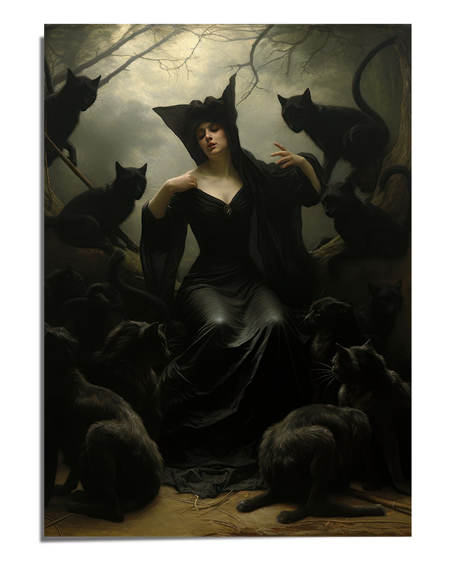 A mystical artwork featuring a witch surrounded by black cats in a dark, gothic forest. The eerie, captivating scene invokes a sense of magic and mystery, making it ideal for fans of supernatural and gothic art. This fine art print enhances any room with its mystical charm.