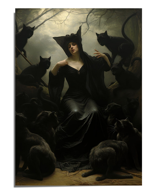 A mystical artwork featuring a witch surrounded by black cats in a dark, gothic forest. The eerie, captivating scene invokes a sense of magic and mystery, making it ideal for fans of supernatural and gothic art. This fine art print enhances any room with its mystical charm.