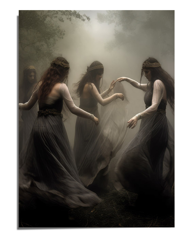A mystical art print of four witches dancing in a sacred circle in a foggy forest. Their flowing dark gowns move with their ritualistic gestures, creating a supernatural and enchanting atmosphere.