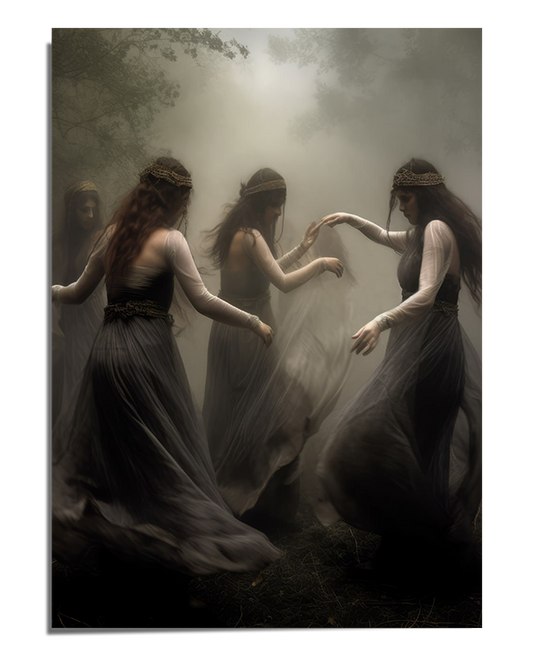 A mystical art print of four witches dancing in a sacred circle in a foggy forest. Their flowing dark gowns move with their ritualistic gestures, creating a supernatural and enchanting atmosphere.