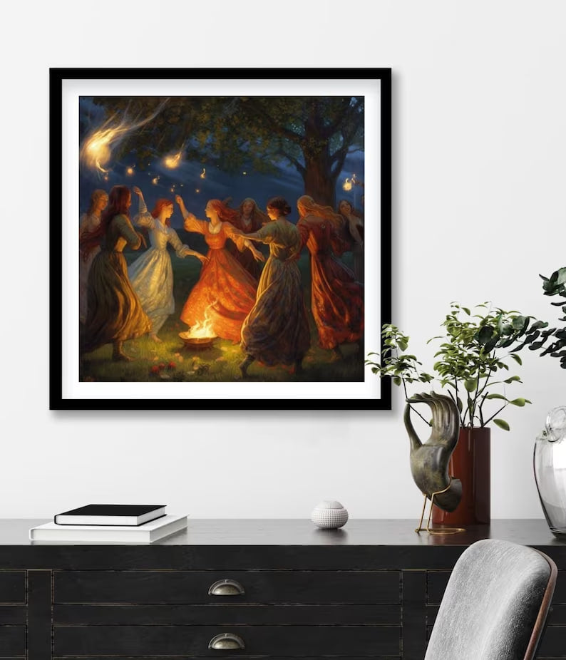 A magical scene of witches dancing around a fire under a starry night sky, surrounded by glowing fireflies. The warm colors and mystical atmosphere create a sense of wonder, making this fine art print ideal for fantasy and nature lovers.