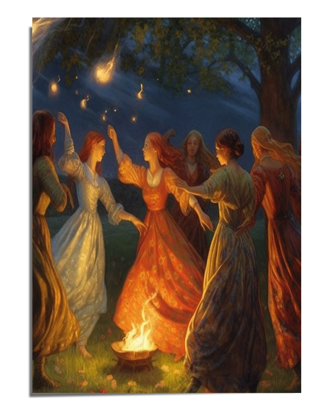 A magical scene of witches dancing around a fire under a starry night sky, surrounded by glowing fireflies. The warm colors and mystical atmosphere create a sense of wonder, making this fine art print ideal for fantasy and nature lovers.
