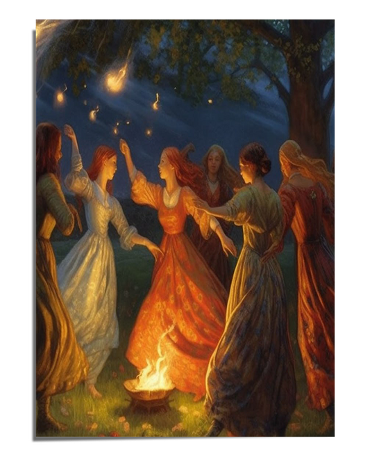 A magical scene of witches dancing around a fire under a starry night sky, surrounded by glowing fireflies. The warm colors and mystical atmosphere create a sense of wonder, making this fine art print ideal for fantasy and nature lovers.