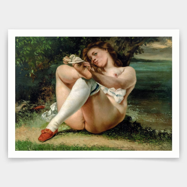 A classical oil painting depicting a nude woman sitting on the grass near a body of water. She wears white stockings and vibrant red shoes, adjusting the fabric with a playful yet relaxed expression. Her brown hair falls loosely around her shoulders, and the natural landscape behind her features lush greenery, a tree casting shade, and an overcast sky in the distance. The brushstrokes and rich color palette enhance the depth and texture of the scene.
