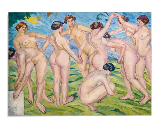 A Fauvist-style painting featuring a group of nude women dancing in a circle on a grassy field. Their bodies are painted in warm pink tones, outlined with expressive brushstrokes, while the background consists of vibrant blue and green hues. The figures move freely, conveying a sense of rhythm and joy in an open natural setting.