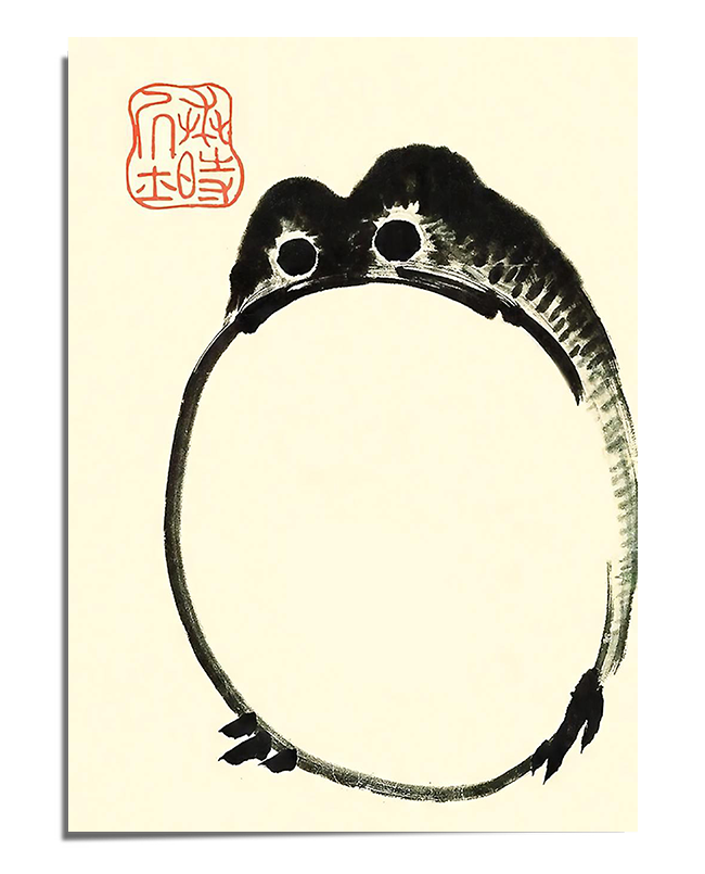 A Japanese ink brush art print depicting a frog seamlessly integrated into an Enso circle, symbolizing balance and enlightenment. The artwork is minimalistic, with delicate brush strokes on a soft beige background.
