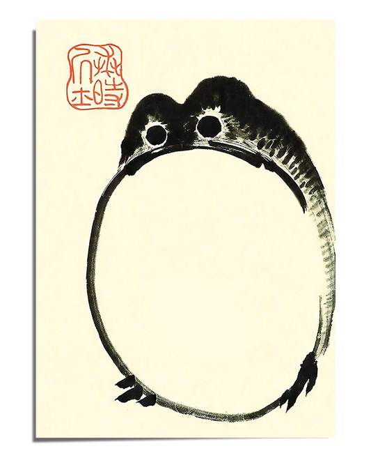 A Japanese ink brush art print depicting a frog seamlessly integrated into an Enso circle, symbolizing balance and enlightenment. The artwork is minimalistic, with delicate brush strokes on a soft beige background.