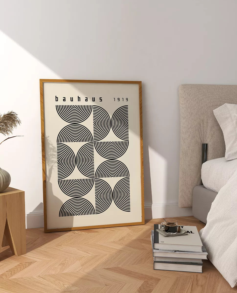 Beige bedroom decor, decor bedroom with posters, minimalist bedroom, peaceful bedroom, 2023 bedroom decor, Bauhaus Exhibition Poster | Wall Gallery | Geometric Bauhaus | bauhaus 1919 Ausstellung, Bauhaus weimar, bauhaus beige black semicircles poster, bauhaus wall art gallery print, home wall hangings, retro poster. Beige home decor, Nordic home decor. Vogue poster
