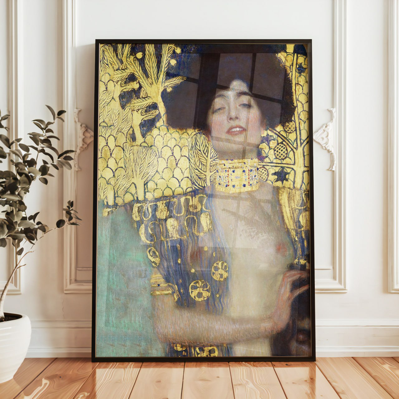 Portrait of a woman by Gustav Klimt, showcasing intricate gold detailing around her. She has a pale complexion, dark hair, and an expressive gaze, with a background adorned in elaborate golden patterns. Her attire is richly decorated with Klimt’s signature gold motifs and abstract shapes