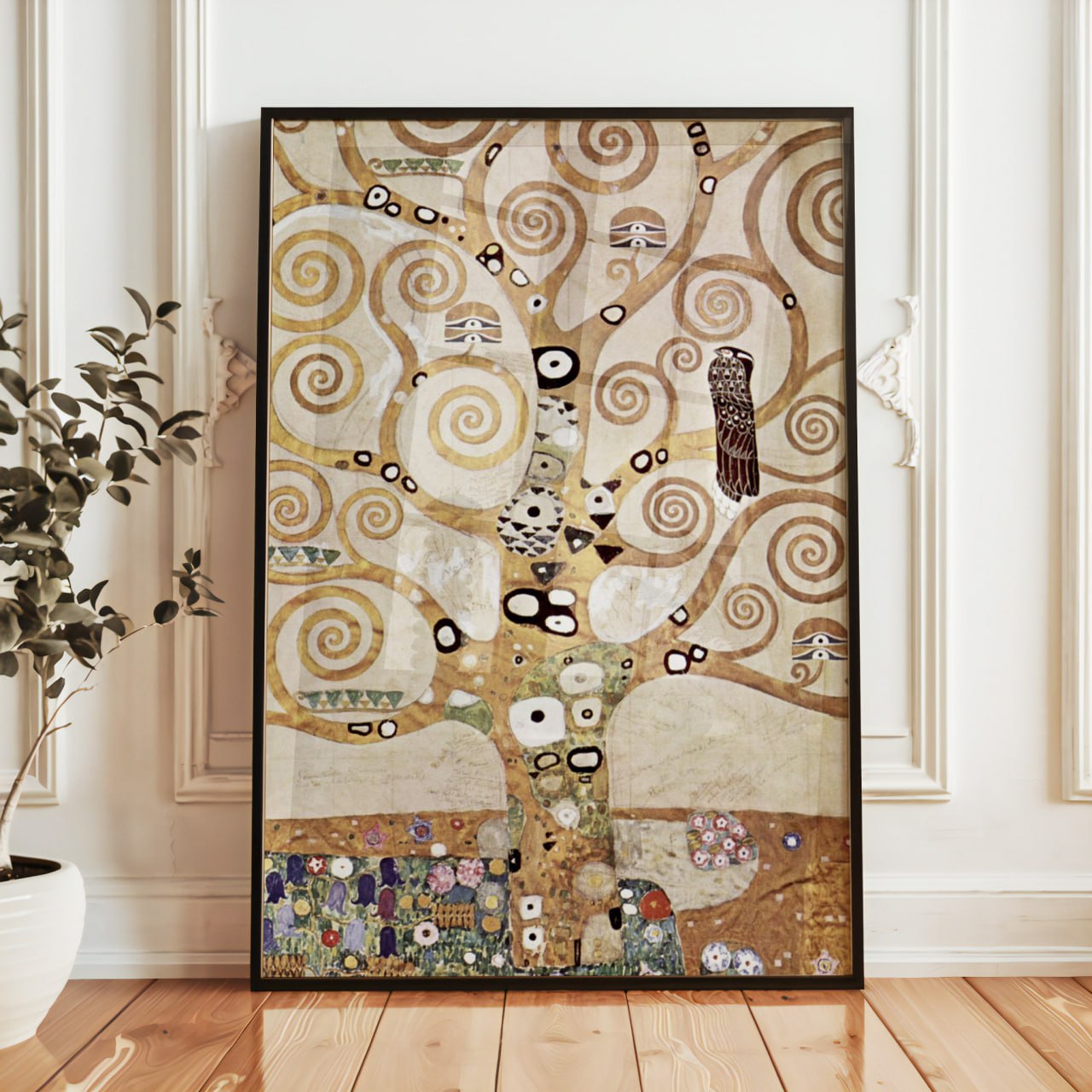 This poster features Gustav Klimt's "Tree of Life," a mesmerizing artwork showcasing a golden tree with swirling, spiraling branches adorned with geometric patterns. The tree stands against a soft, gold-toned background, while a bird rests on one branch, adding depth. The roots of the tree are decorated with vibrant, floral patterns, creating a harmonious blend of nature and symbolism.