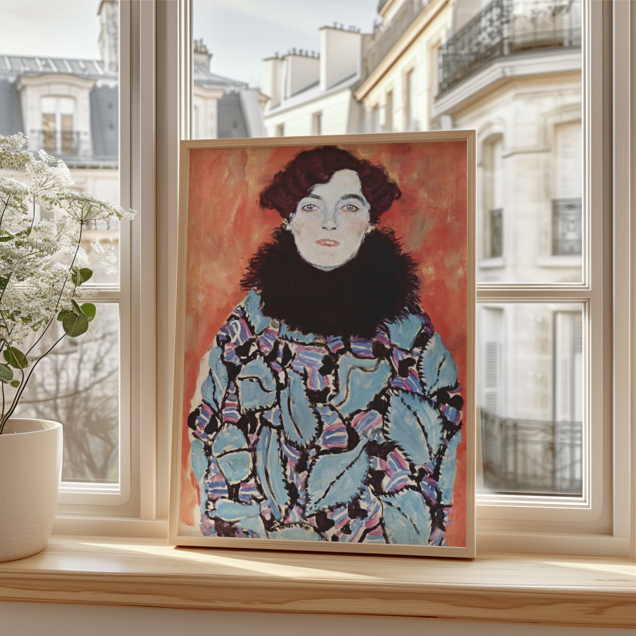 This captivating portrait showcases the distinctive style of Gustav Klimt, an influential figure in the Art Nouveau movement. The artwork features a woman with a serene expression, embodying elegance and sophistication.
She is dressed in a richly patterned coat adorned with bold colors, including vibrant blues and deep blacks, creating a striking visual imp