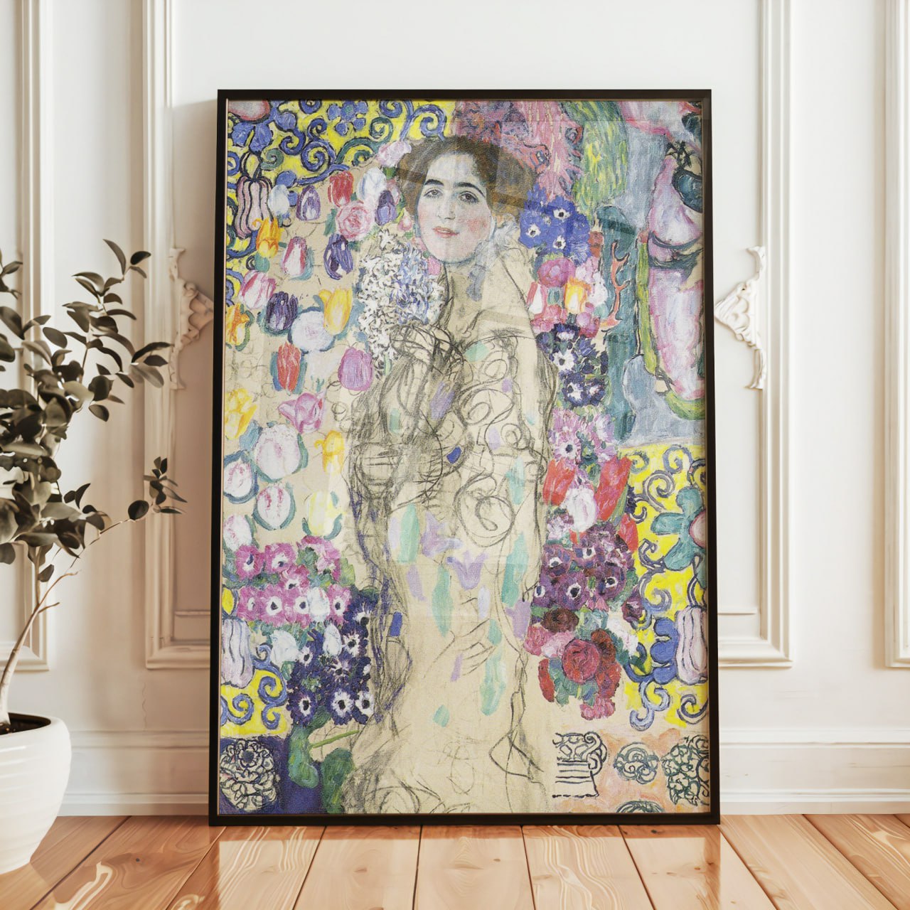 Art print reproduction of Gustav Klimt's painting featuring a woman surrounded by vibrant floral patterns and pastel colors. The detailed design showcases Klimt’s signature style, blending decorative elements and soft hues to create a dreamy, artistic atmosphere.