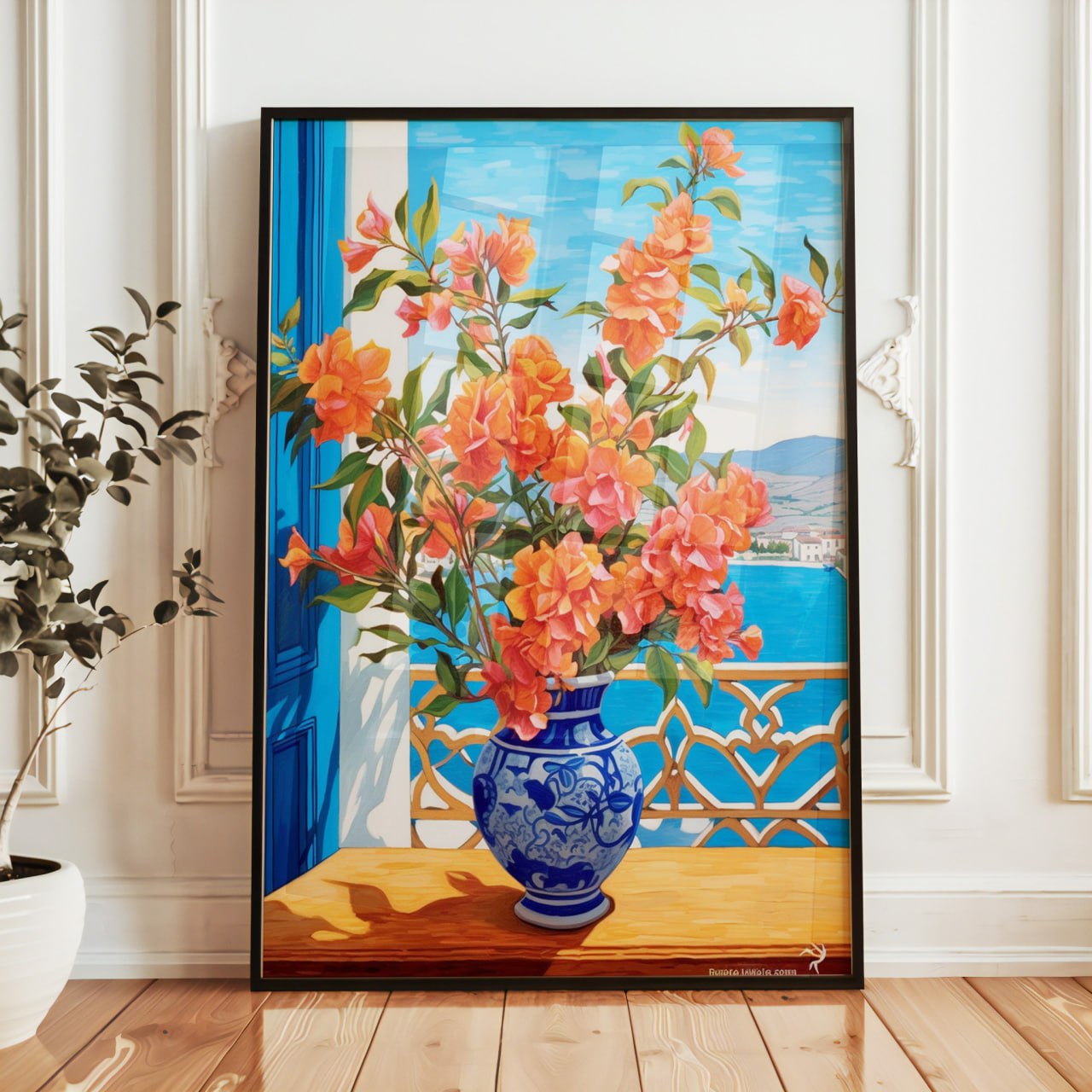 This poster depicts a vibrant Mediterranean scene with a close-up of bright orange bougainvillea flowers in a blue and white ceramic vase on a sunlit balcony. Behind, there’s a view of the sea and coastal mountains under a clear sky, evoking a serene and warm atmosphere.