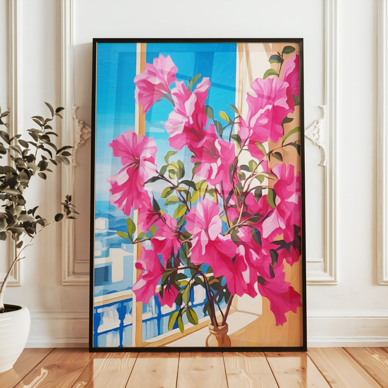 The artwork features a vibrant depiction of pink bougainvillea flowers cascading from a pot. The flowers burst with shades of bright pink against a serene blue background, suggesting a sunny day. A glimpse of a whitewashed building can be seen through the window, enhancing the Mediterranean vibe of the scene. The overall composition radiates warmth and joy, evoking the beauty of coastal life.