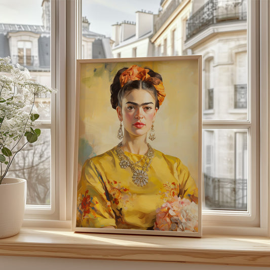 This image features a framed portrait of Frida Kahlo, a renowned Mexican artist. She is depicted with a strong expression, wearing a vibrant yellow blouse adorned with floral designs. Her dark hair is styled with bright orange flowers. The portrait showcases her signature jewelry, including large earrings and a prominent necklace.