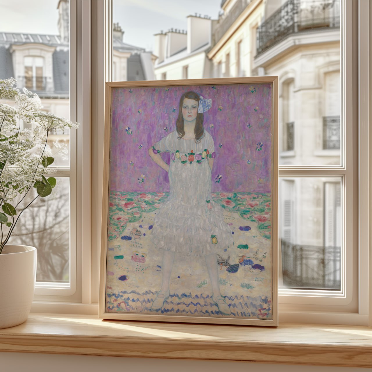 This enchanting artwork features a delicate portrait of a young girl, beautifully framed and displayed against a sunlit window. 
Her outfit is complemented by a floral garland draped across her shoulders, enhancing the whimsical nature of the portrait. A single large blue flower is placed in her hair, adding a pop of color and charm to her appearance.