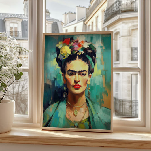 This image features a stunning portrait of a woman, reminiscent of iconic artists like Frida Kahlo. The artwork showcases her with a strong, confident expression, highlighting her distinctive features, including bold eyebrows and bright red lips. She wears traditional attire adorned with intricate jewelry, enhancing her cultural identity.