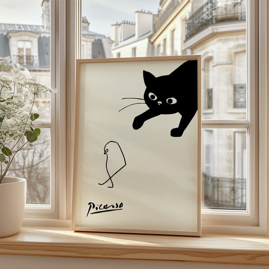 The poster features a playful, stylized black cat poised in mid-leap, with large, expressive eyes and a curious expression. Below, a simplified, abstract figure appears to react to the cat's movement. The artwork is set against a light background, enhancing the contrast of the bold black elements. At the bottom, the artist's signature, "Picasso," is elegantly inscribed, adding to its artistic flair.