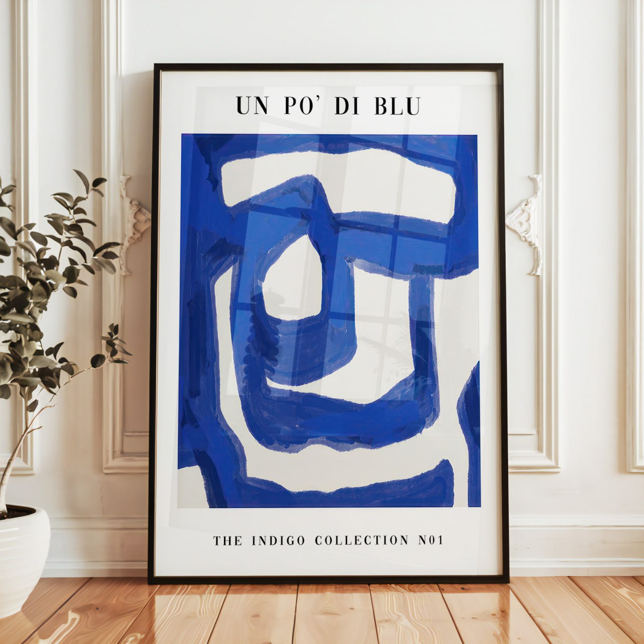 This poster features a striking abstract design primarily in bold royal blue against a white background. The artwork consists of overlapping shapes and curved lines, creating a fluid and dynamic visual effect. At the top, the text reads “UN PO’ DI BLU” in a modern font, while the bottom includes “THE INDIGO COLLECTION NO. 1,” emphasizing its artistic theme