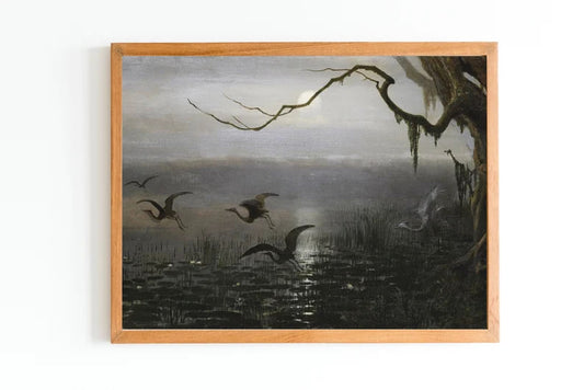 ART PRINT | Flight of the Cranes Painting | Moonlit Landscape Art | Birds Vintage Art | Peaceful Scenery Art | Moonlight Painting