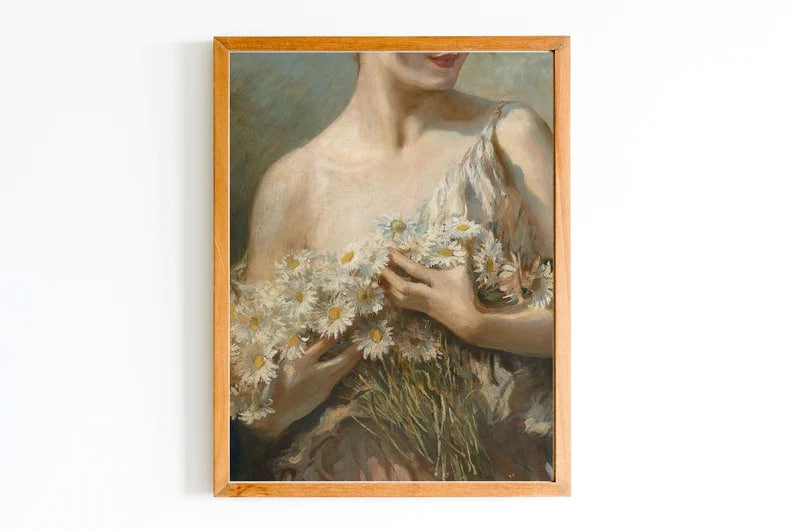 ART PRINT | Lady With Daisies Bouquet Oil Painting | Antique Flowers Artwork | Daisies Wall Art | Classic Oil Portrait | Female Art