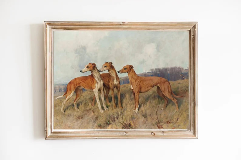 ART PRINT | Three Greyhounds on the Valley Oil Painting | Greyhound Portrait Wall Art Print | Canine Artwork | Animal Art