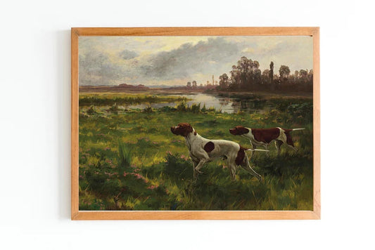 ART PRINT | Vintage Dogs Oil Painting | English Pointers Wall Art Print | Farmhouse Decor | Antique Dogs Print | Pet Painting | Hunting Art