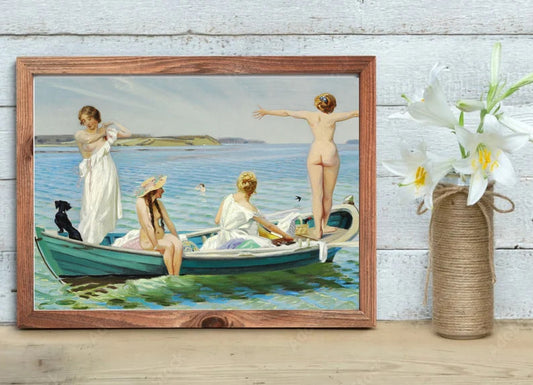 ART PRINT | Vintage Four Nude Girls and the Dog on a Boat Trip Oil Painting | American Lake Scenery Wall Art Print