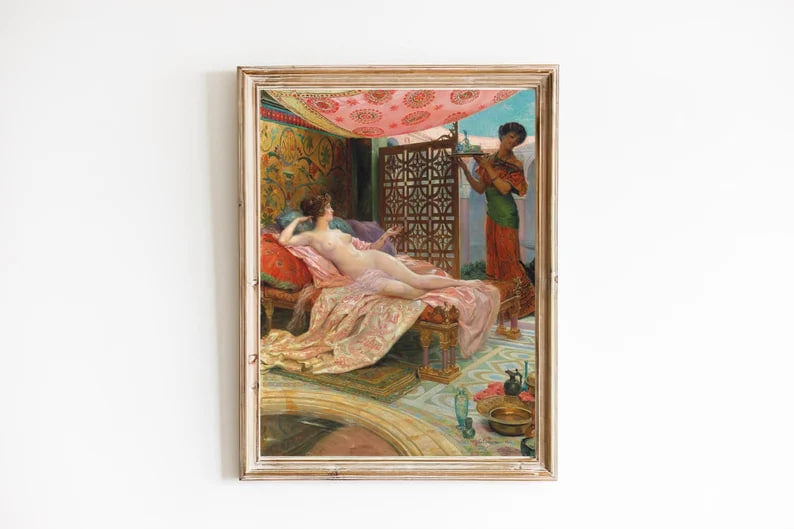 ART PRINT | Vintage Harem Oil Painting | Vintage Orientalist Art | Naked Woman in a Harem Print | Bedroom Wall Art Print