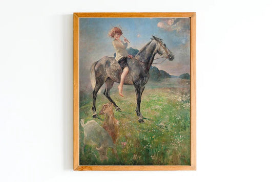 ART PRINT| Vintage Horse Riding Oil Painting | Girl and Horse Art Print | Horse Rider Gift | Meadow Painting | Equestrian Oil Painting