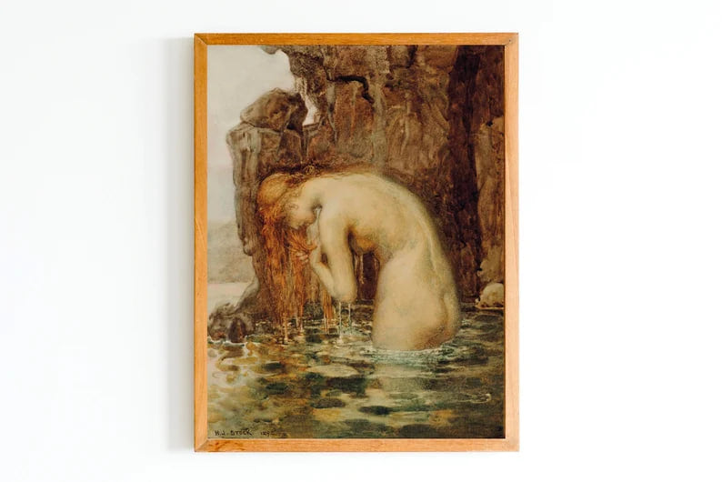 ART PRINT | Vintage Red - Haired Woman Oil Painting | Female Nude Art | Bathroom Wall Art Decor | Woman Bathing | Naked Girl Figurative