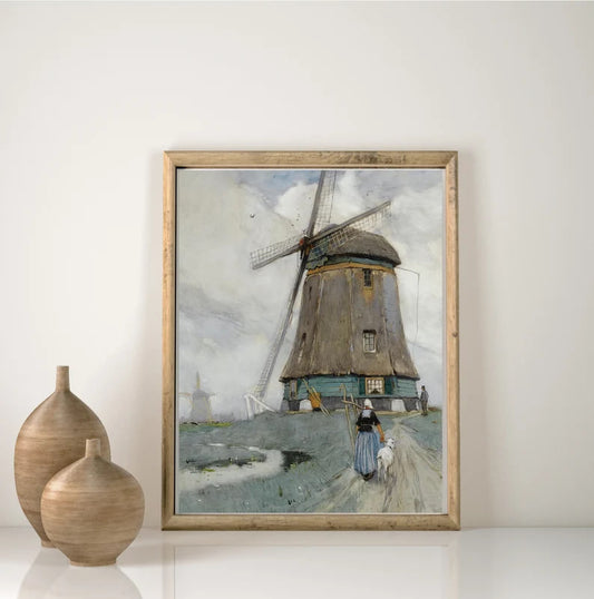 ART PRINT | Vintage Watercolor Windmill Painting | Dutch Landscape Art Print | Country Landscape | Holand Netherlands Print | Old Mill Print