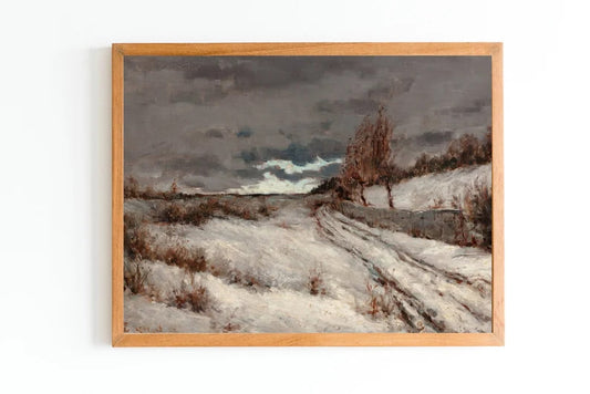 ART PRINT | Vintage Winter Landscape Painting | Snowy Scenery Art Print | Snow Covered Road Artwork | Cloudy Winter Day Art