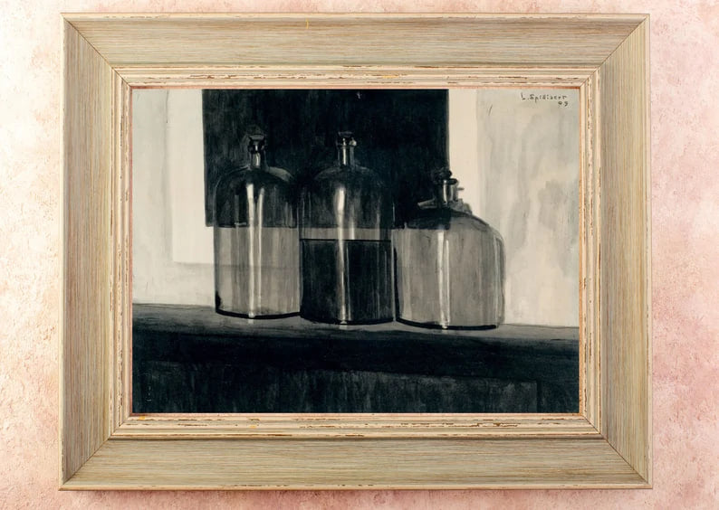 ART PRINT | Black Still Life With Glass Bottles Oil Painting | Vintage Still Life Art Print | Dark Color Artwork | Goth Art | Modern Art